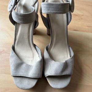 Suede Ankle-Strap Block Heel Sandals in Beige